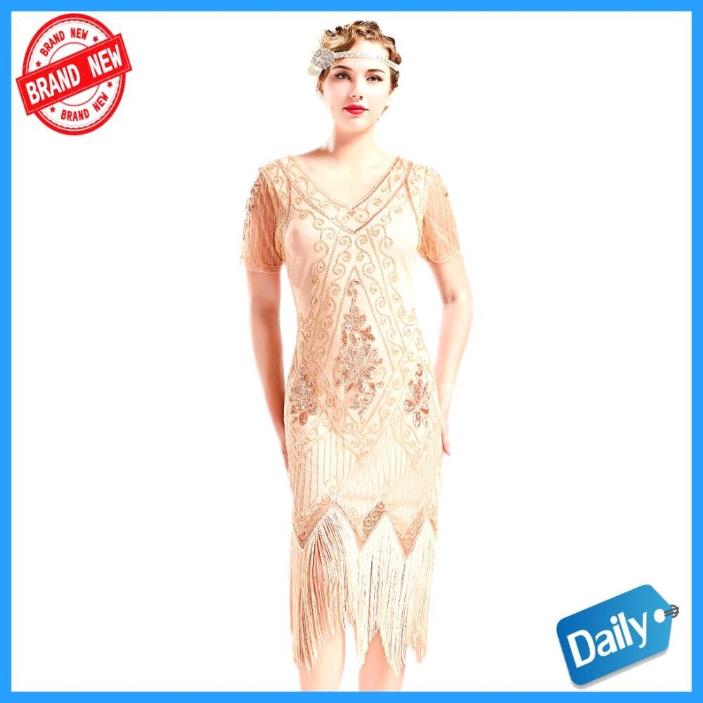 Art Deco Fringed Sequin Dress Midi Bodycon Flapper Gatsby Party